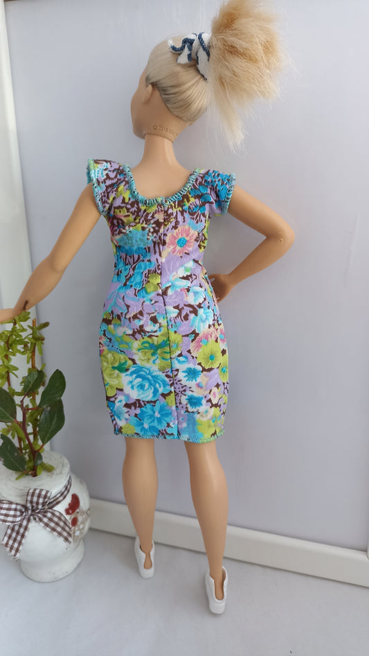 Curvy doll cyan flowery dress
